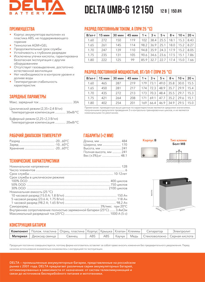 Тяговый аккумулятор Delta Marine Power UMB-G 12150
